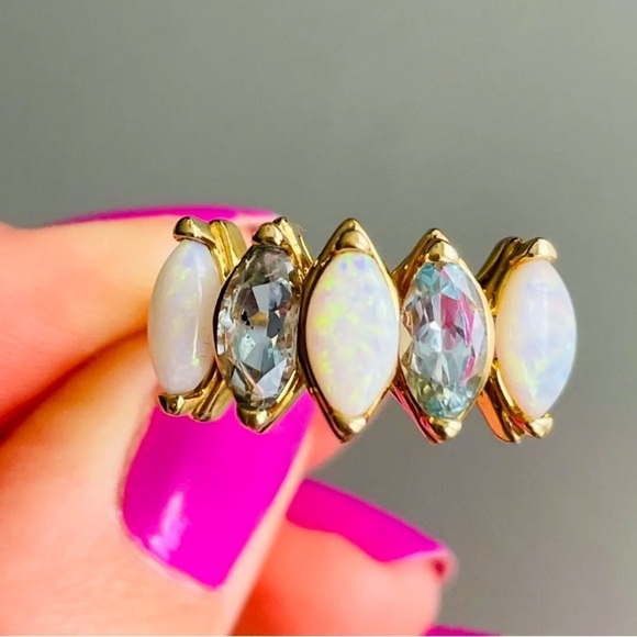 Jewelry - 14K Gold Opal & Blue Topaz Marquise Cut Channel Ring